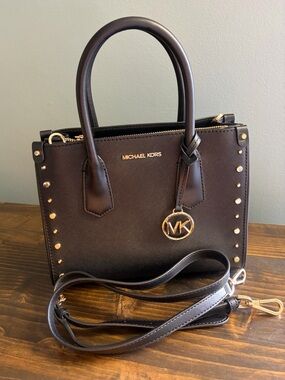 Michael Kors Black Maple Saffiano Leather Stud Small Satchel with Gold Hardware
